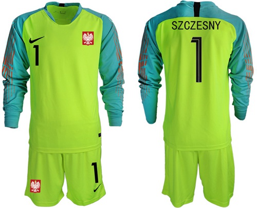 Poland #1 Szczesny Shiny Green Goalkeeper Long Sleeves Soccer Country Jersey